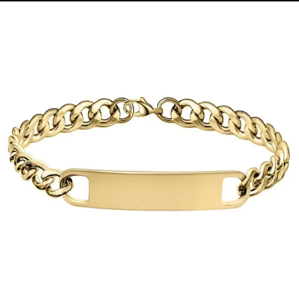A Gold Stainless Steel Adult Bar Bracelet, for Personal Engraving