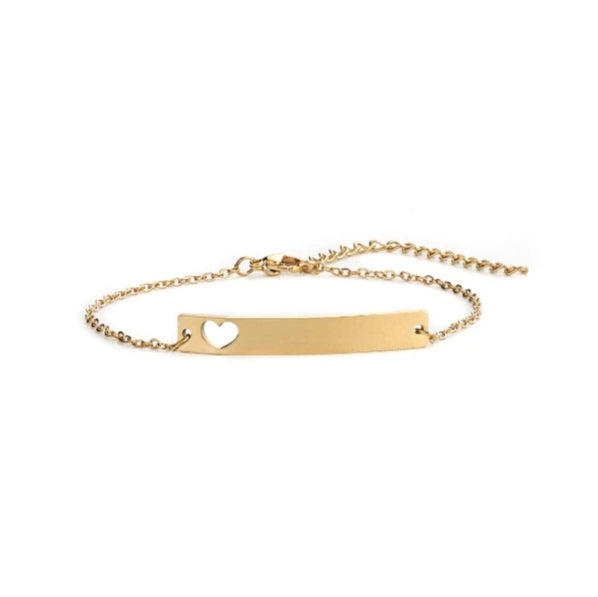 A gold-colored stainless steel bracelet with a hollow heart design on the bar, intended for personal engraving.
