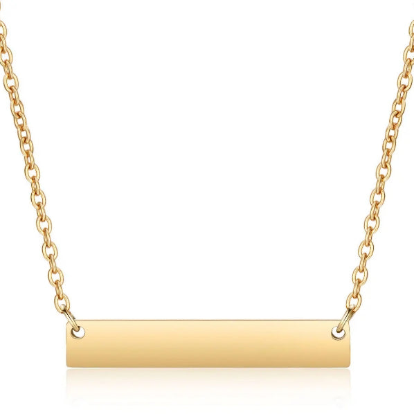 A gold-colored horizontal bar necklace made of stainless steel, displayed on a white background.