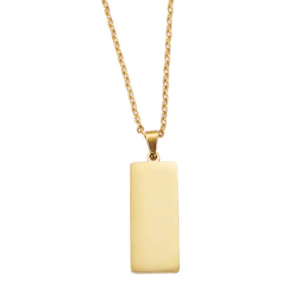 A gold-colored rectangle pendant necklace made of stainless steel, displayed against a white background.