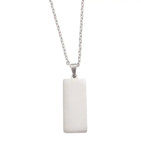 A gold-colored rectangle pendant necklace made of stainless steel, displayed against a white background.